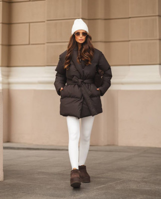 19 Пуховик подовжений з шалевим коміром з поясом